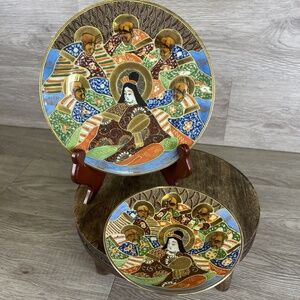 Set of VTG Hand Painted Japanese Plates Lot Of 2 Satsuma From Japan 1960s - Gold